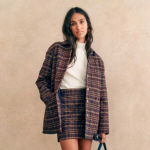 Sézane Will Jacket in Ivan Burgundy Tartan NEW